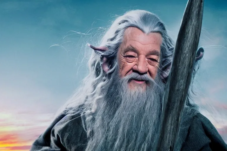 Image similar to portrait of Gandalf dressed up like hello kitty, smiling warmly, sunrise, movie still from Lord of the Rings, cinematic