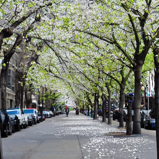 Image similar to This morning, all up and down the streets, what looks like every Callery Pear tree on the Upper West Side has popped overnight into clusters of white pear blossoms.