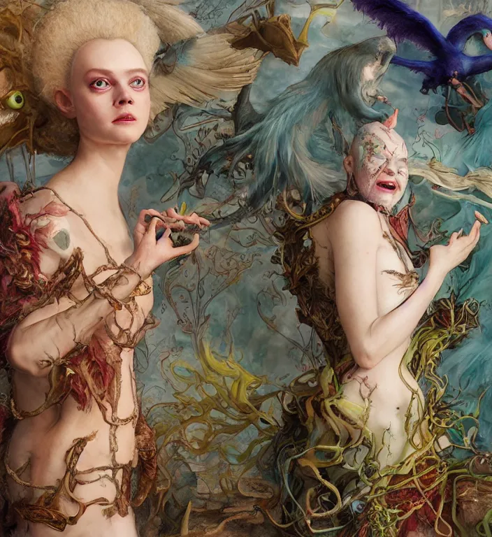 Prompt: a portrait photograph of a bald strong elle fanning as a colorful harpy super hero with slimy scaled skin. she is trying on a amphibian organic dress and transforming into a feathered beast. by tom bagshaw, donato giancola, hans holbein, walton ford, gaston bussiere, peter mohrbacher and brian froud. 8 k, cgsociety