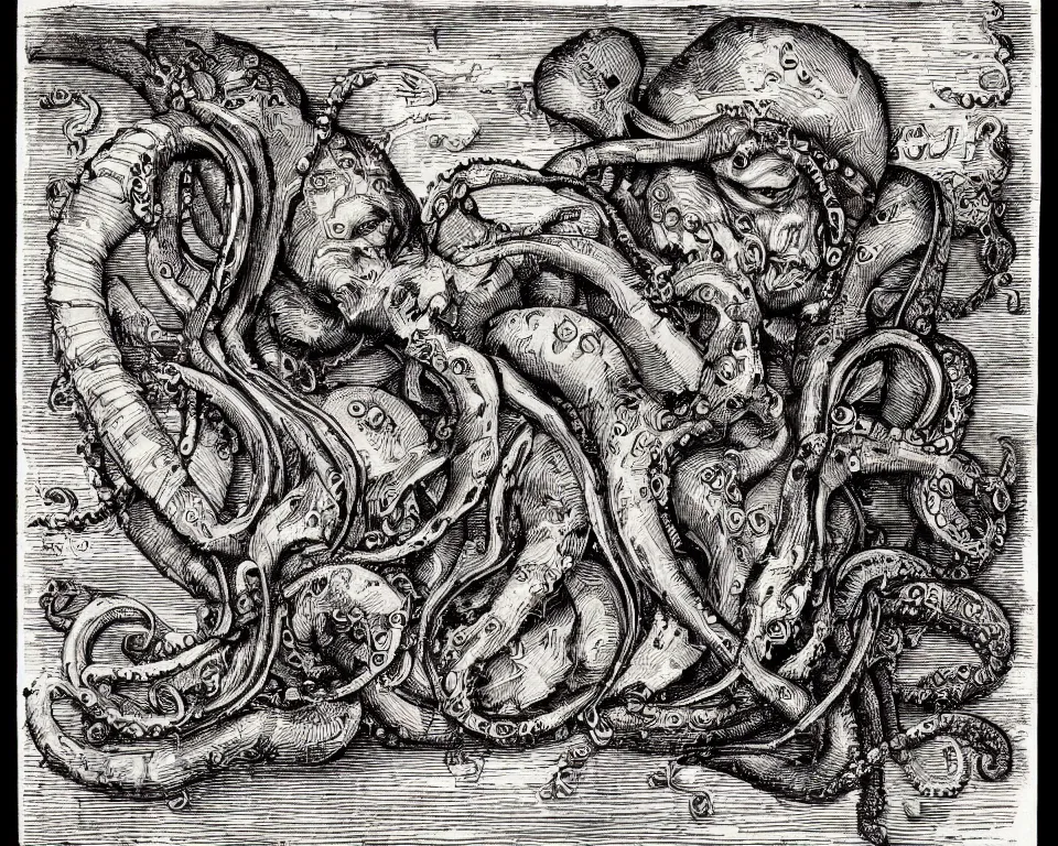 Prompt: A salvage with an octopus head in the style of Albrecht Durer, engraving, black and white