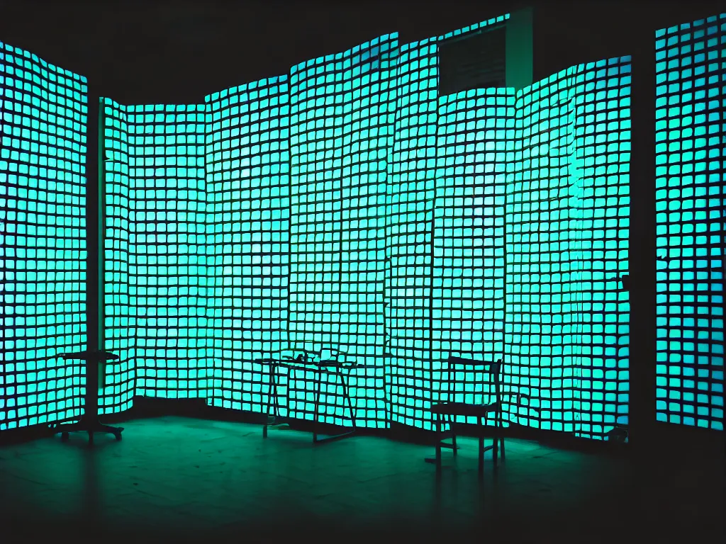 Image similar to room with overlaping screens projecting art, pixel perfect image, high contrast, volumetric lighting, tiny neon light, chair, user, pair of keys