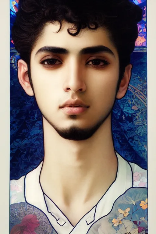 Prompt: beautiful medium shot portrait of a young arabic man inspired by ayami kojima with short hair dressed with a white t - shirt looking into the camera from three - quarters, white background white bank studio light, art by yoshitaka amano, alfons mucha and shingo tamagawa, 8 k