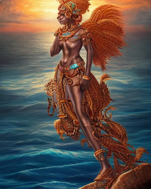 Prompt: a beautiful illustration of an orisha god, intricate and detailed, beautiful sea in the background, epic sky, vray render, artstation, deviantart, pinterest, 5 0 0 px models