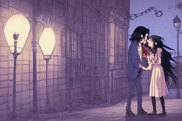 Prompt: a zombie couple kissing under a street lamp in Buenos aires at night, dark blue long hair, muted colors, matte print, pastel colors, ornate, digital art, cute smile, digital painting, fan art, elegant, pixiv, by Ilya Kuvshinov, by Studio Ghibli