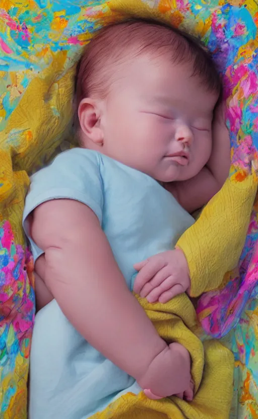 Prompt: beautiful detailed painting of a baby sleeping peacefully. award winning. vibrant colors, funny, personal, positive, visually pleasing, engaging. high resolution. high quality. photorealistic. hq hd. 8 k. trending on artstation. group of friends laughing. award winning