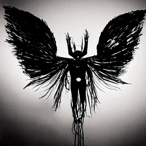 Image similar to mothman demon, crimson death wings, in the shadows of the blinding chaotic cosmic star, shadow art, wispy ink horrors, photo pic by 35mm