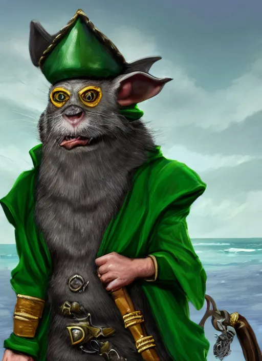 Image similar to a bearded gray humanoid rat with jewelry, green eyes, tricorne hat, green robe, D&D, digital art, realistic, trending on artstation, 4k, sea in the background