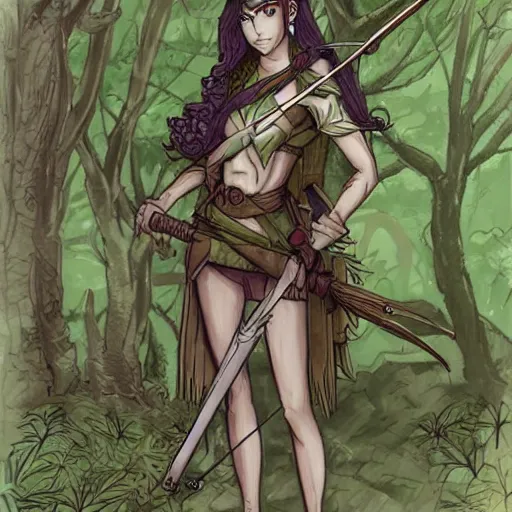 Image similar to female elven archer in forest, manga line art style