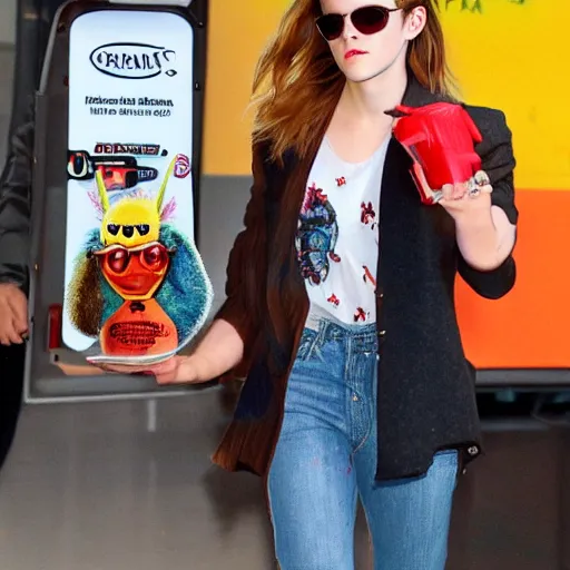 Prompt: Emma Watson wearing Furby with ketchup