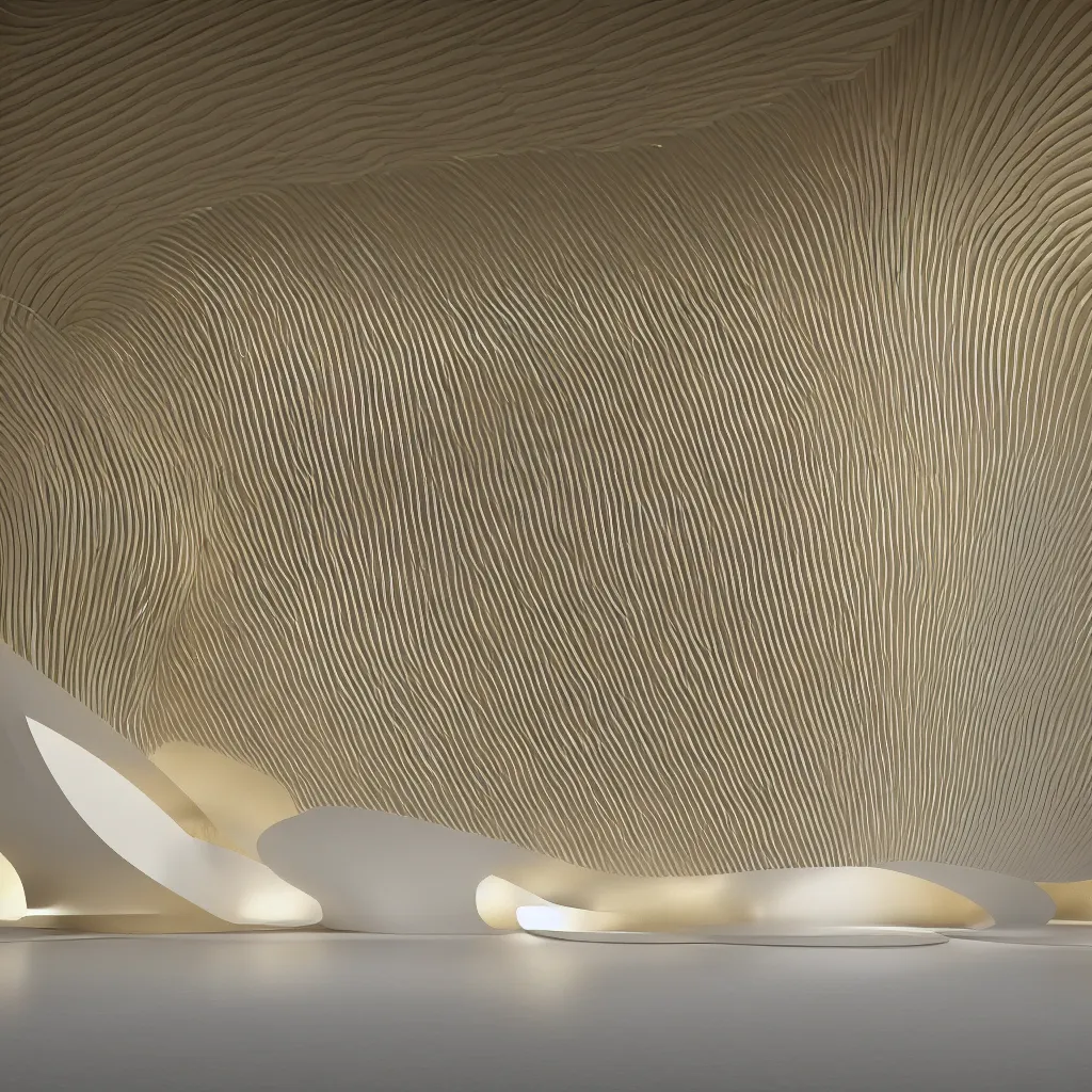 Image similar to an incredibly smooth curvilinear modern neo baroque interior architectural sculpture, a golden pool on the ground is envelope by folding white surfaces, blue light, visually satisfying architecture render