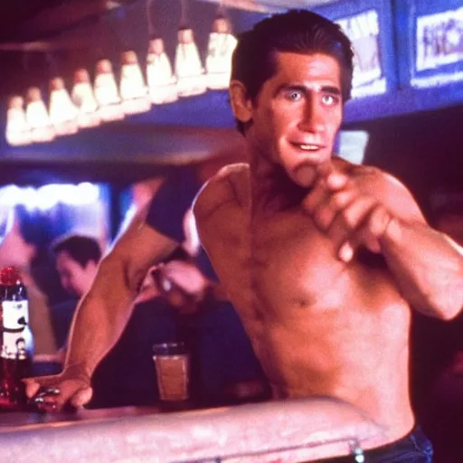 Prompt: cinestill of Jake Gyllenhaal as Patrick Swayze fighting men in a bar in the movie Road house