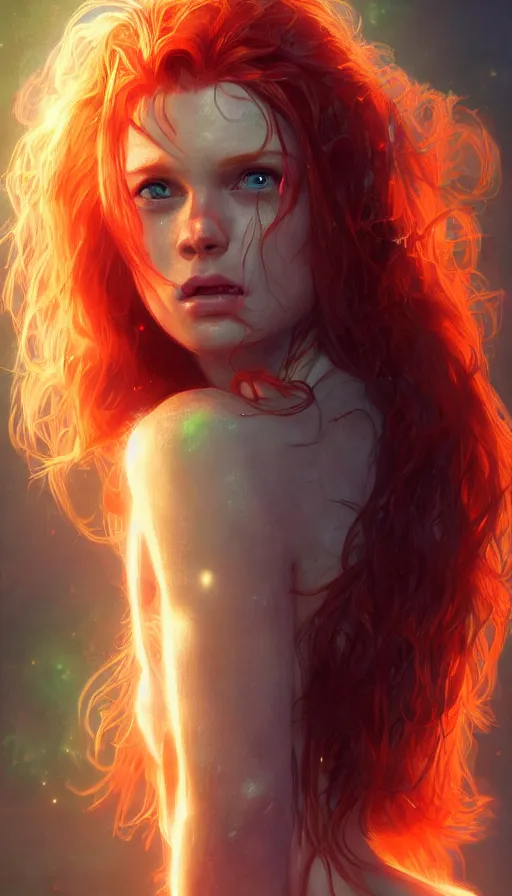 Prompt: ginger cindy crowford, pretty, glowing, lord of the rings, passionate, seductive, neon, sweaty, intricate, highly detailed, digital painting, artstation, concept art, smooth, sharp focus, illustration, unreal engine 5, 8 k, art by artgerm and greg rutkowski and alphonse mucha