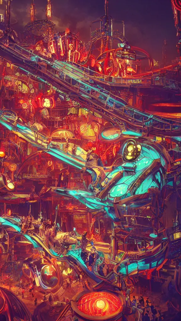 Image similar to concept art, retro - futurist steampunk theme park, imperious, towering rollercoaster, carnival robots, octane render, artstation, dramatic neon lighting, glowing circus motifs, red turquoise accents, bladerunner, by gerald brom, james jean, syd mead, akihiko yoshida, cinematic