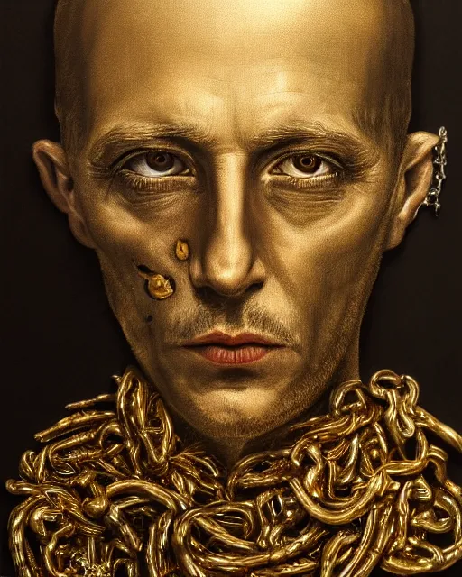 Prompt: realistic portrait of a dead man, dark, gold, silver ornaments, facing camera, photo realistic, detailed, 1 4 5 0, delicate, hyper realism, ultra realistic, 8 k