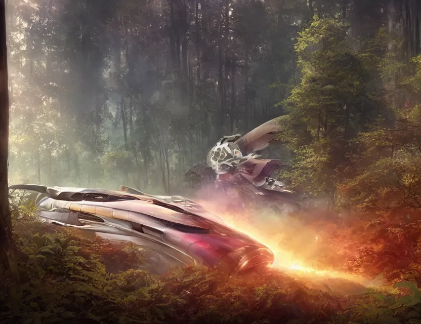 Prompt: crashed transportation spaceship into a clearing in a forest, fire and smoke, focus is the ship. Very vibrant colors, soft lighting, adventurous, atmospheric lighting, 8K, octane render. By Makoto Shinkai, Stanley Artgerm Lau, WLOP, Rossdraws, James Jean, Andrei Riabovitchev, Marc Simonetti, krenz cushart, Sakimichan, D&D trending on ArtStation, digital art.