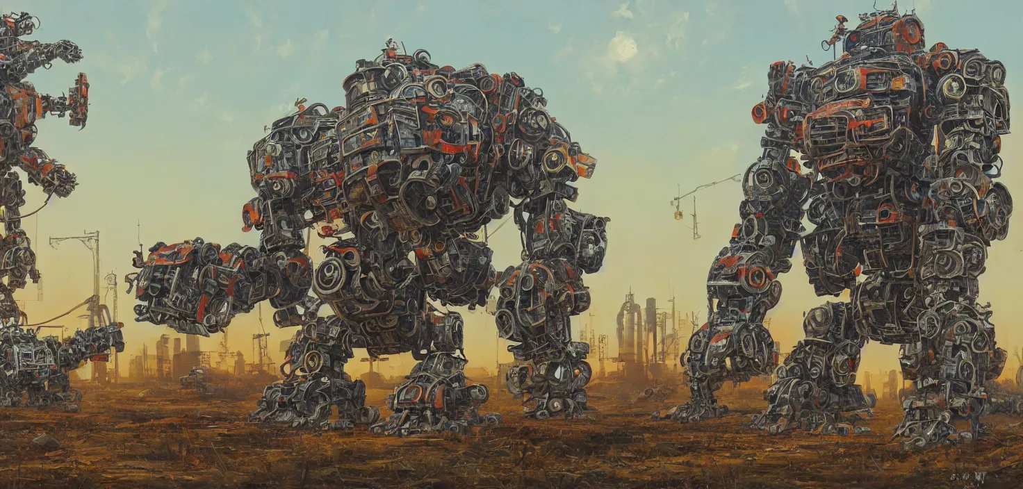 Image similar to an intricate oil painting of a giant chinese armored gorilla shaped scrap metal mecha by simon stalenhag, soviet decals