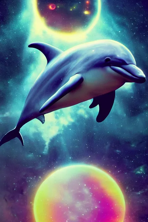 Image similar to a dolphin in space with a galaxy in the background, neon undertone, 80s magazine cover, dramatic lighting, cinematic, establishing shot, extremely high detail, photo realistic, cinematic lighting, post processed, concept art, high details, cinematic, 8k resolution, beautiful detailed, photorealistic, digital painting, artstation, concept art, smooth, sharp focus, artstation trending, octane render, unreal engine