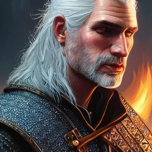 Image similar to closeup of Geralt of Rivia, D&D, fantasy, intricate, elegant, highly detailed, digital painting, artstation, concept art, matte, sharp focus, illustration, hearthstone, art by Artgerm and Greg Rutkowski and Alphonse Mucha