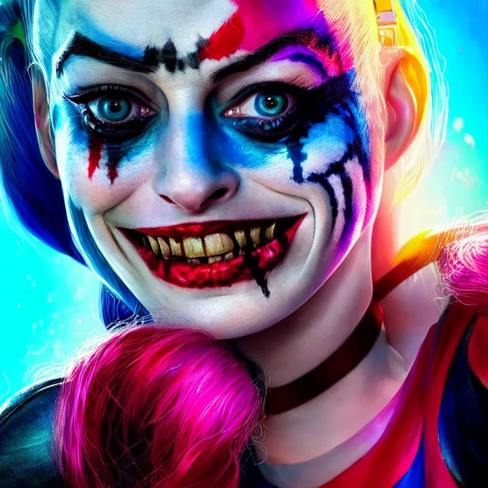 Image similar to portrait of Anne Hathaway as a harley quinn in Suicide Squad. intricate abstract. intricate artwork. by Tooth Wu, wlop, beeple, dan mumford. octane render, trending on artstation, greg rutkowski very coherent symmetrical artwork. cinematic, hyper realism, high detail, octane render, 8k, iridescent accents