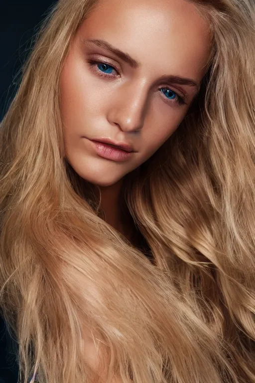 Image similar to head shot photo of a olive skinned blonde female model in her twenties, silky hair, wearing a designer top, looking content, photo realistic, extreme detail skin, natural beauty, no filter, slr, golden hour, 4 k, high definition, selfie