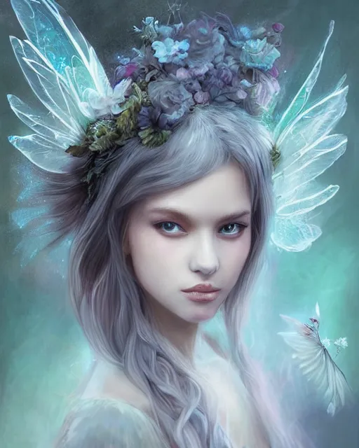 Prompt: beautiful face forest fairy by artgerm in a scenic woods, with graceful wings muted colors, sharp focus, high fantasy art, fairy aesthetics, intricate, elegant, highly detailed, hyperrealistic painting, artstation, concept art, v painterly, dreamy, soft illumination, hasselbrad photography, illustration, art by scot howden