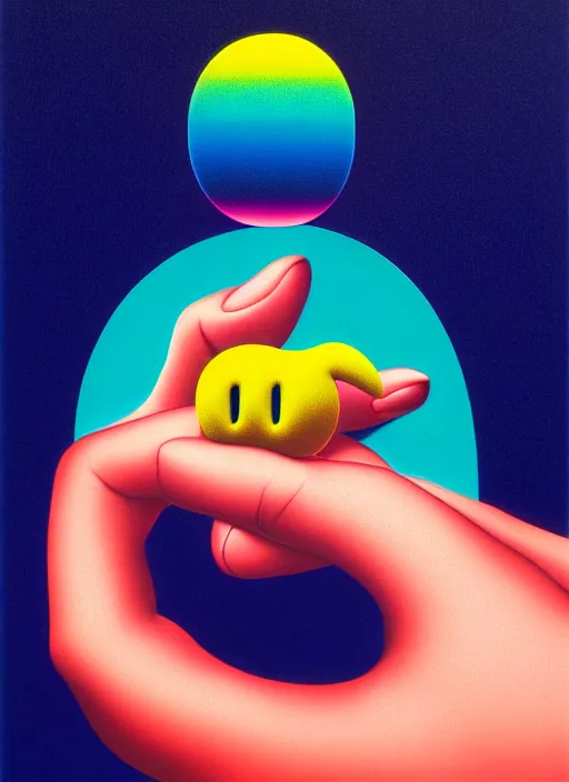 Image similar to a men balancing shapes on his finger by shusei nagaoka, kaws, david rudnick, airbrush on canvas, pastell colours, cell shaded!!!, 8 k