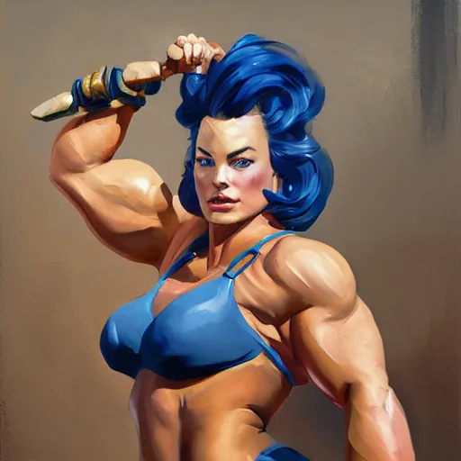 Image similar to greg manchess portrait of margot robbie as thick female bodybuilder zarya from overwatch in disco elysium, 6 7 4, epic grimdark, fantasy, medium shot, asymmetrical, profile picture, organic painting, sunny day, matte painting, bold shapes, hard edges, street art, trending on artstation, by huang guangjian and gil elvgren and sachin teng