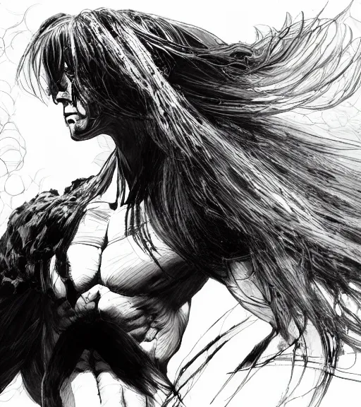 Image similar to portrait of tall muscular anime man with long hair wearing a dark robe, pen and ink, intricate line drawings, by craig mullins, ruan jia, kentaro miura, greg rutkowski, loundraw