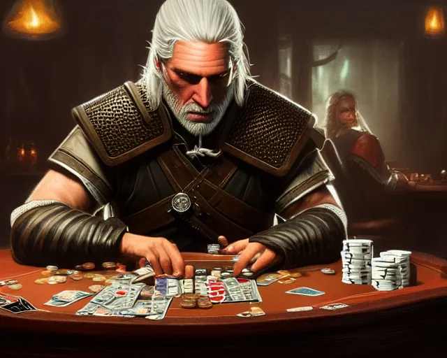 Image similar to 5 5 mm portrait photo of geralt playing poker. magical atmosphere. art by greg rutkowski. highly detailed 8 k. intricate. lifelike. soft light. nikon d 8 5 0.