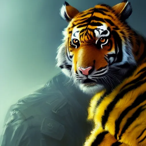 Image similar to commission portrait of a male anthro tiger wearing a black and yellow padded puffed up jacket.dramatic,character design by charles bowater,greg rutkowski,ross tran,hyperdetailed,hyperrealistic,4k,deviantart,artstation,professional photography,concept art