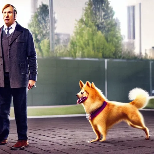 Image similar to Saul Goodman playing with a pomerania dog, open shot, movie still, outdoors, photorealistic, clean, detailed