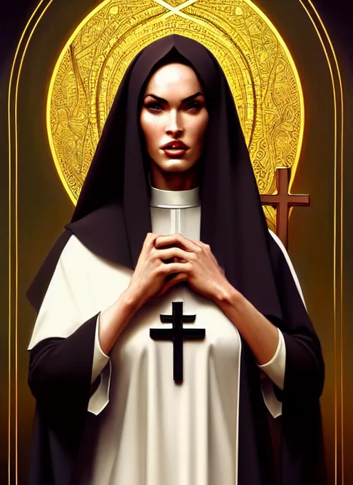 Image similar to portrait of megan fox as a sultry nun, catholic, church, bible, christian, intricate, headshot, highly detailed, digital painting, artstation, concept art, sharp focus, cinematic lighting, illustration, art by artgerm and greg rutkowski, alphonse mucha, cgsociety