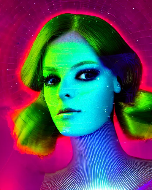 Prompt: featureless serene robotic woman's face, long metallic hair, dark makeup, violet and yellow and green and blue lighting, polaroid photo, 1 9 8 0 s cgi, atmospheric, whimsical and psychedelic, grainy, expired film, super glitched, corrupted file, ghostly, bioluminescent glow, sci - fi