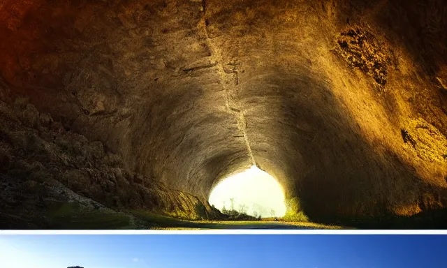 Prompt: beautiful photograph of a vertical tunnel made of raindrops in the blue sky, between a dried up river and the sun, highly-detailed, fantastic, dramatic lighting, artstation, 4k