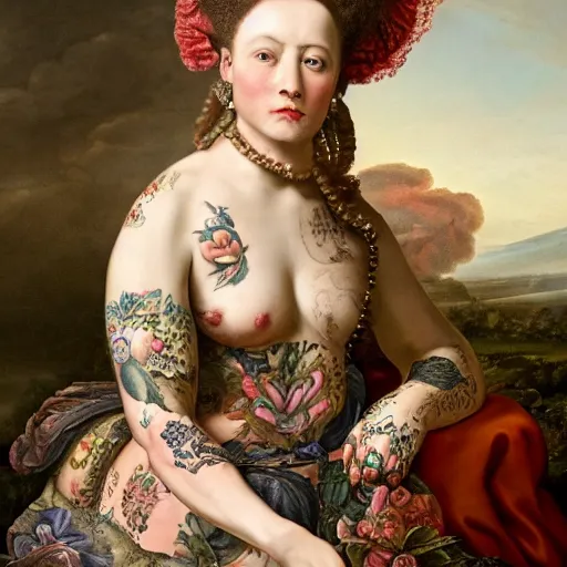 Prompt: ultra detailed, 4 k portrait of a tattooed woman in baroque dress by rachel ruysch