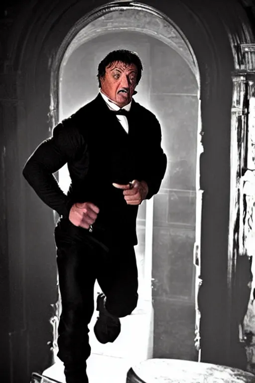 Image similar to sylvester stallone as edgar allen poe, cinematic, dramatic, mood lighting