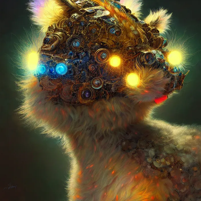 Prompt: psychedelic fluffy furry animal cyborg, diffuse lighting, fantasy, intricate, elegant, highly detailed, lifelike, photorealistic, digital painting, artstation, illustration, concept art, smooth, sharp focus, art by John Collier and Albert Aublet and Krenz Cushart and Artem Demura and Alphonse Mucha