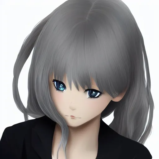 Image similar to young woman with long wavy ashen silver hair, with blackness instead of eyes, anime