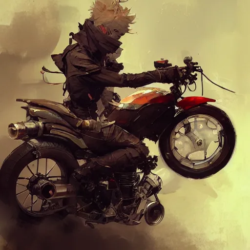 Image similar to concept art of motorcycle, highly detailed painting by dustin nguyen, akihiko yoshida, greg tocchini, greg rutkowski, cliff chiang, 4 k resolution, trending on artstation, 8 k