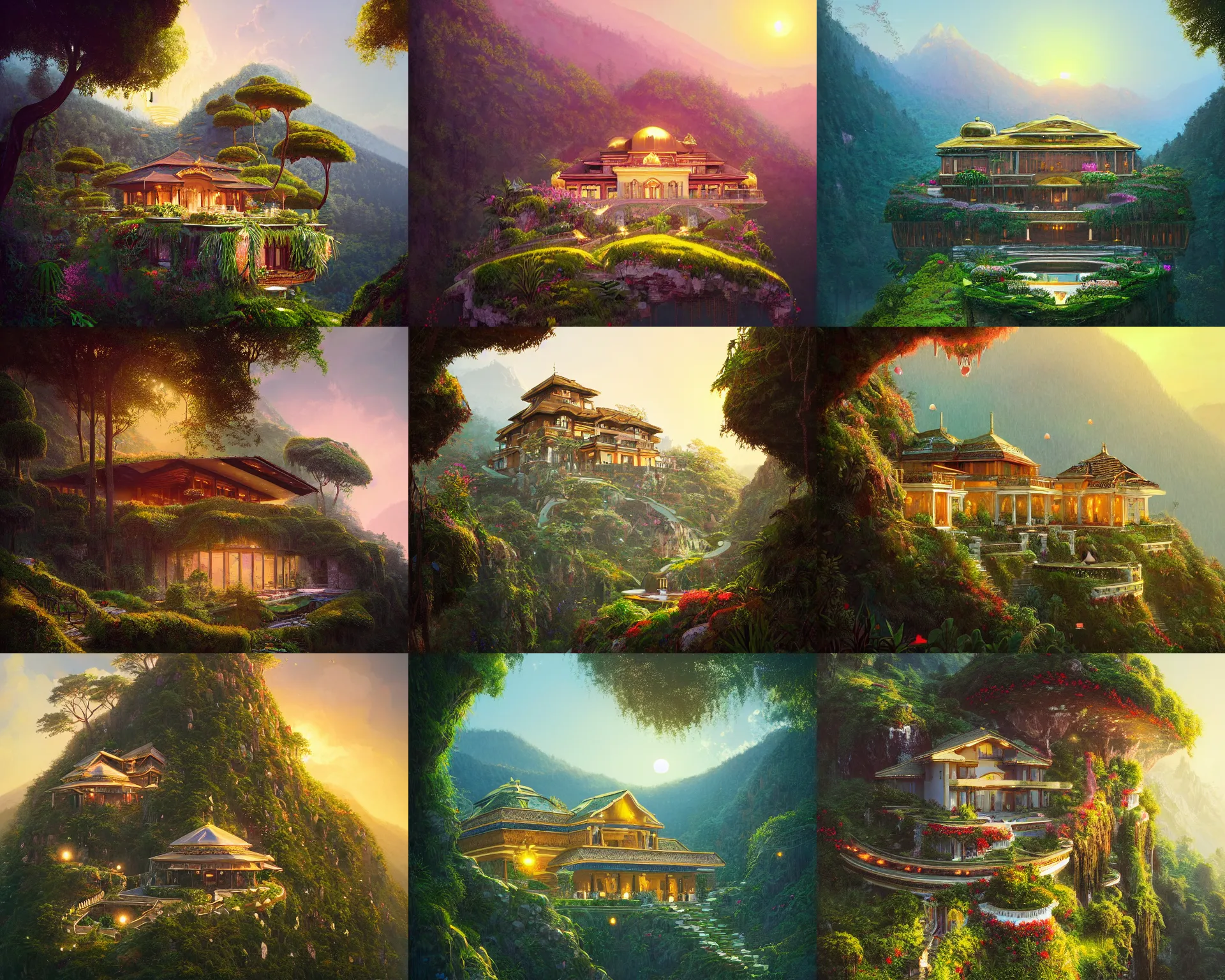 Prompt: gilded luxury mountain villa surrounded by floating hearts, lush verdant overgrowth, radiant sunrise, alena aenami, ferdinand knab, artstation