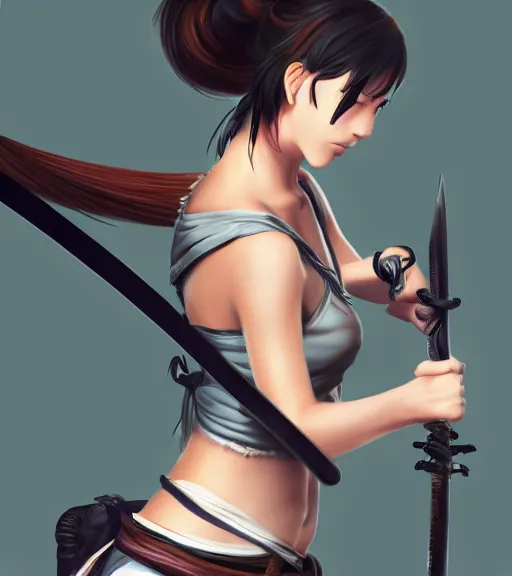 Image similar to a girl holding a katana, ponytail, highly detailed, digital painting, artstation, concept art, smooth, sharp focus, kunoichi, illustration, style of eiichiro oda