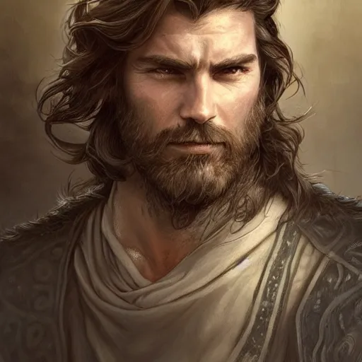 Image similar to portrait of a young, ruggedly handsome ranger, soft hair, muscular, half body, hairy, d & d, fantasy, intricate, elegant, highly detailed, digital painting, artstation, concept art, smooth, sharp focus, illustration, art by artgerm and greg rutkowski and alphonse mucha