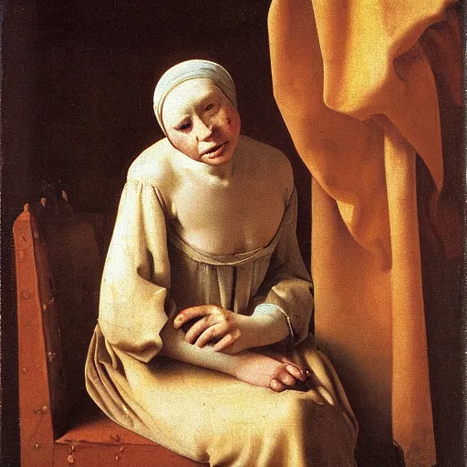 Image similar to extremely ugly pale woman with skin condition in expensive renaissance dress, Renaissance painting by Vermeer, detailed