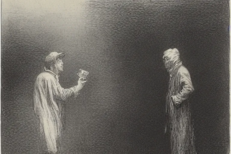 Prompt: man wearing paper bag smoking a blunt, Gustave Dore lithography