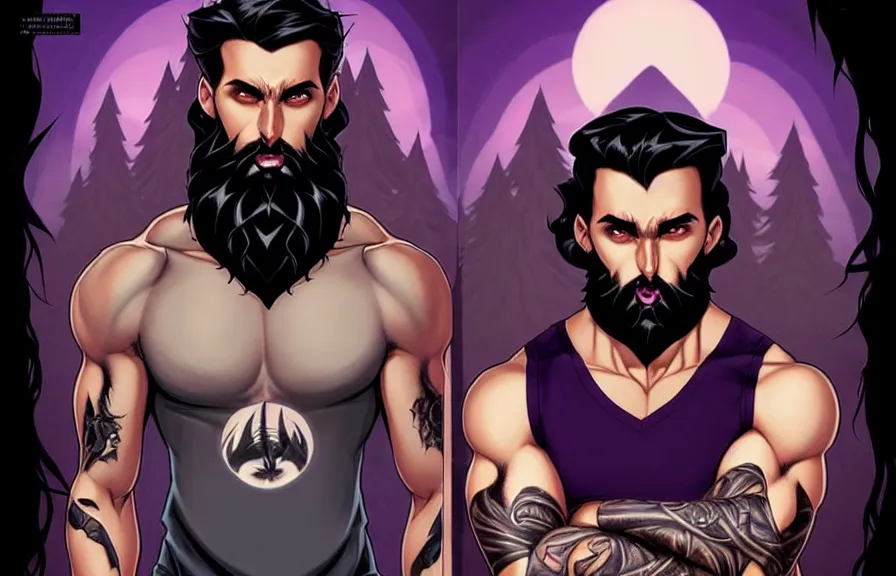 Image similar to a chad with wavy black hair and a beard. muscular. godlike. tank top. using a computer, comic cover art, artgerm, joshua middleton, pretty stella maeve witch doing black magic, serious look, purple dress, symmetrical eyes, symmetrical face, long black hair, full body, twisted evil dark forest in the background, cool colors