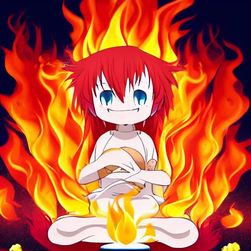 Prompt: fluffy popcorn anime character with a smiling face and flames for hair, sitting on a lotus flower, clean composition, symmetrical