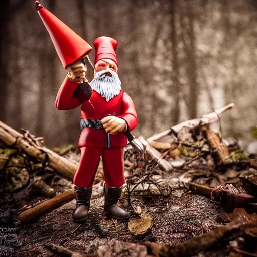 Image similar to a serbian gnome soldier carve up prey in the forest, high detail photoshoot, depth of field, studio lights