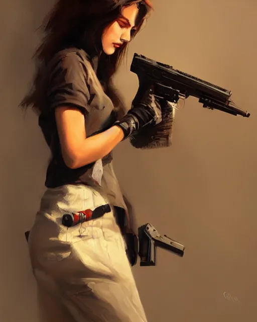 Image similar to Hyper realistic painting of a girl holding a gun, noir, hyper detailed, by greg rutkowski, trending on artstation