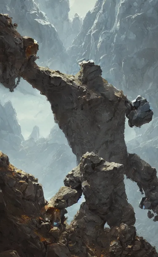 Prompt: a stone golem hitting a mountain with his fist, greg rutkowski, 8 k, shallow depth of field, intricate detail, concept art,