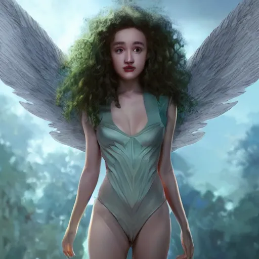 Image similar to julia garner starring as a green winged angel with dark hair, made by stanley artgerm lau, wlop, rossdraws, artstation, cgsociety, concept art, cgsociety, octane render, trending on artstation, artstationhd, artstationhq, unreal engine, 4 k, 8 k